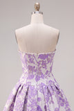 Strapless Purple A-Line Pearls Jacquard Homecoming Dress with Bow