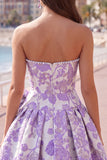 Strapless Purple A-Line Pearls Jacquard Homecoming Dress with Bow