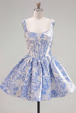 A-Line Blue Pearls Jacquard Square Neck Corset Cocktail Dress