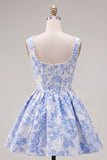 A-Line Blue Pearls Jacquard Square Neck Corset Cocktail Dress