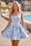 A-Line Blue Pearls Jacquard Square Neck Corset Cocktail Dress