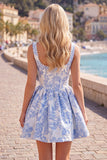 A-Line Blue Pearls Jacquard Square Neck Corset Cocktail Dress