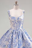 A-Line Blue Pearls Jacquard Square Neck Corset Cocktail Dress