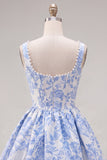A-Line Blue Pearls Jacquard Square Neck Corset Cocktail Dress