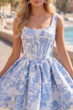 A-Line Blue Pearls Jacquard Square Neck Corset Cocktail Dress