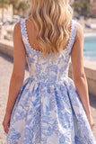 A-Line Blue Pearls Jacquard Square Neck Corset Cocktail Dress