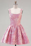 A-Line Blue Pearls Jacquard Square Neck Corset Cocktail Dress