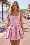 A-Line Blue Pearls Jacquard Square Neck Corset Cocktail Dress