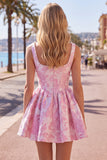 A-Line Blue Pearls Jacquard Square Neck Corset Cocktail Dress