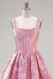 A-Line Blue Pearls Jacquard Square Neck Corset Cocktail Dress