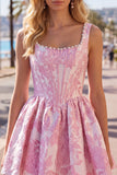 A-Line Blue Pearls Jacquard Square Neck Corset Cocktail Dress