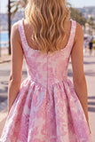 A-Line Blue Pearls Jacquard Square Neck Corset Cocktail Dress