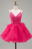 A-Line Hot Pink Rhinestone Ruffle Short Homecoming Dress with Beading