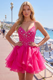 A-Line Hot Pink Rhinestone Ruffle Short Homecoming Dress with Beading