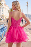 A-Line Hot Pink Rhinestone Ruffle Short Homecoming Dress with Beading