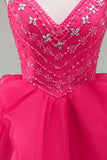 A-Line Hot Pink Rhinestone Ruffle Short Homecoming Dress with Beading