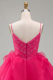 A-Line Hot Pink Rhinestone Ruffle Short Homecoming Dress with Beading