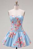 Satin A-Line Blue Sweetheart Floral Corset Homecoming Dress