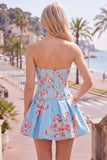 Satin A-Line Blue Sweetheart Floral Corset Homecoming Dress