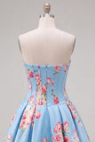 Satin A-Line Blue Sweetheart Floral Corset Homecoming Dress