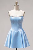 Sweetheart Fuchsia Pearls Corset A-Line Satin Homecoming Dress