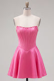 Sweetheart Fuchsia Pearls Corset A-Line Satin Homecoming Dress