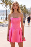 Sweetheart Fuchsia Pearls Corset A-Line Satin Homecoming Dress
