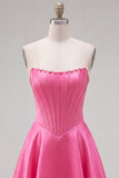 Sweetheart Fuchsia Pearls Corset A-Line Satin Homecoming Dress