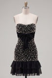 Strapless Black Ruffled Bodycon Mini Party Dress with Pearls