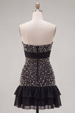 Strapless Black Ruffled Bodycon Mini Party Dress with Pearls