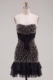 Strapless Black Ruffled Bodycon Mini Party Dress with Pearls