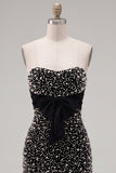 Strapless Black Ruffled Bodycon Mini Party Dress with Pearls