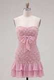 Pink Strapless Tight Ruffle Pearl Short Homecoming Dress with Bow