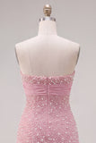 Pink Strapless Tight Ruffle Pearl Short Homecoming Dress with Bow