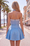 Blue Sweetheart Pearl Embellished Short Homecoming Dress with Choker and Bow