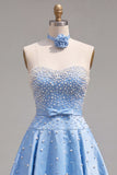 Blue Sweetheart Pearl Embellished Short Homecoming Dress with Choker and Bow