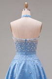 Blue Sweetheart Pearl Embellished Short Homecoming Dress with Choker and Bow