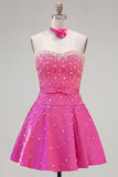 Blue Sweetheart Pearl Embellished Short Homecoming Dress with Choker and Bow