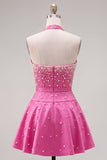 Blue Sweetheart Pearl Embellished Short Homecoming Dress with Choker and Bow