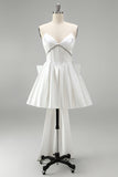 White Corset Rhinestone Satin A-Line Strapless Cocktail Dress with Back Giant Bow