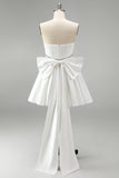White Corset Rhinestone Satin A-Line Strapless Cocktail Dress with Back Giant Bow