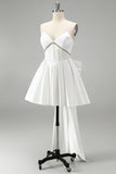 White Corset Rhinestone Satin A-Line Strapless Cocktail Dress with Back Giant Bow