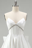 White Corset Rhinestone Satin A-Line Strapless Cocktail Dress with Back Giant Bow