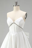 White Corset Rhinestone Satin A-Line Strapless Cocktail Dress with Back Giant Bow