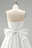 White Corset Rhinestone Satin A-Line Strapless Cocktail Dress with Back Giant Bow