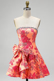 Orange Jacquard A-Line Rhinestone Ruffled Strapless Short Cocktail Dress with Bow