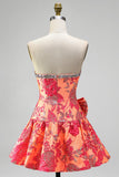 Orange Jacquard A-Line Rhinestone Ruffled Strapless Short Cocktail Dress with Bow