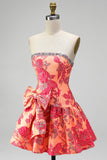 Orange Jacquard A-Line Rhinestone Ruffled Strapless Short Cocktail Dress with Bow
