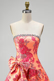 Orange Jacquard A-Line Rhinestone Ruffled Strapless Short Cocktail Dress with Bow