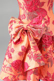Orange Jacquard A-Line Rhinestone Ruffled Strapless Short Cocktail Dress with Bow